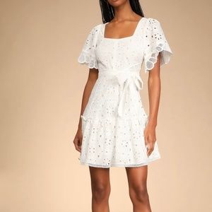Lulus Ask You Out White Eyelet Cotton Short Sleeve Mini Dress Size S